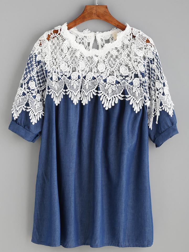 Romwe Blue Contrast Crochet Keyhole Denim Blouse