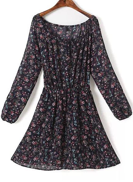 Romwe Black Long Sleeve Floral Chiffon Dress