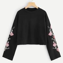 Romwe Floral Embroidered Sleeve Crop Sweatshirt