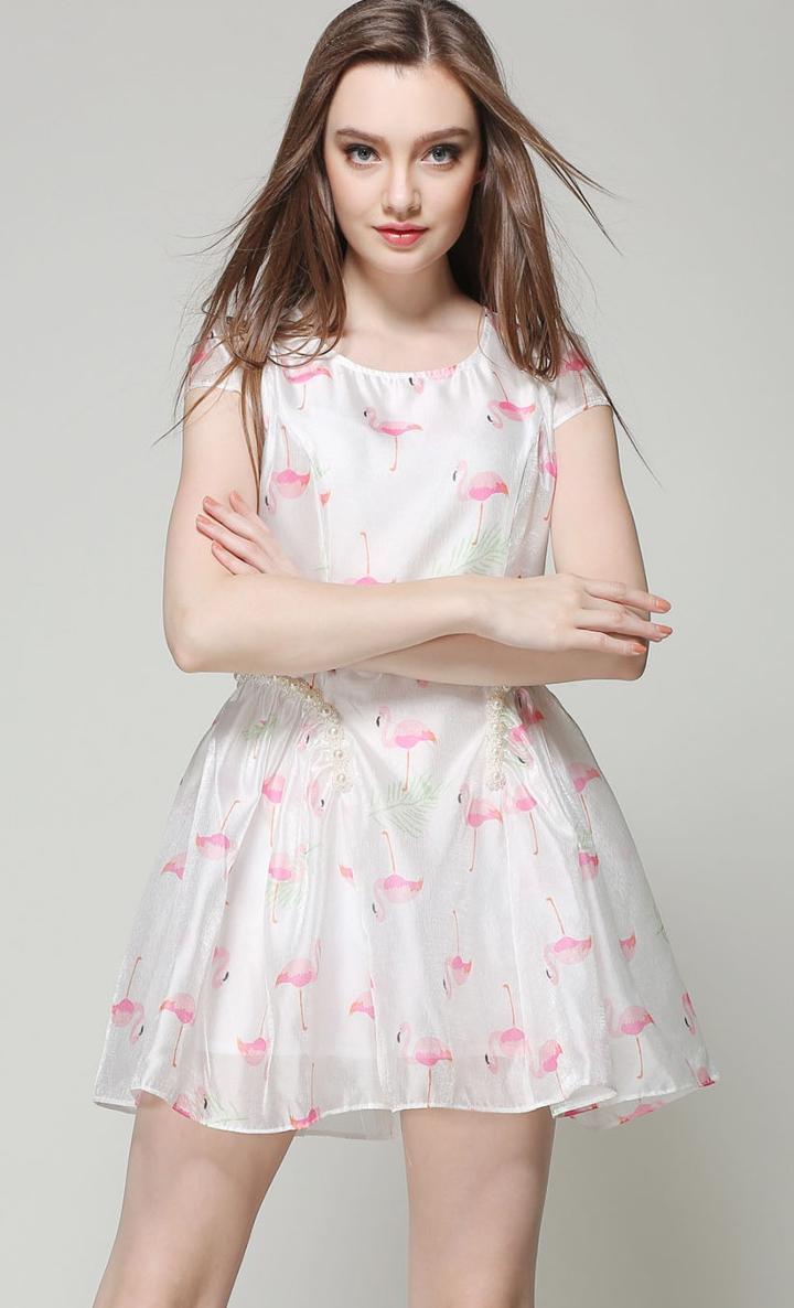 Romwe With Pearl Swan Print Flare Dress