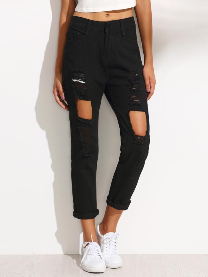 Romwe Black Ripped Denim Pants