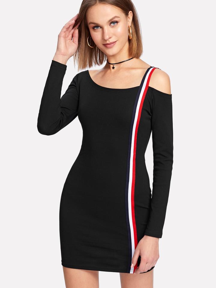 Romwe Open Shoulder Stripe Contrast Dress
