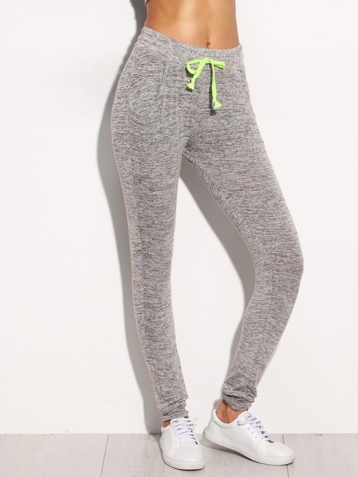 Romwe Grey Marled Knit Skinny Drawstring Pants