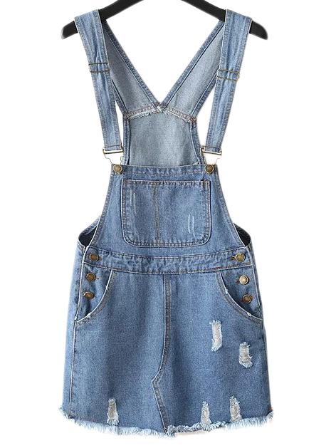 Romwe Blue Pockets Ripped Hole Denim Straps Dress