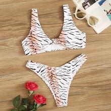 Romwe Tiger Print Plunge Neck Top With High Cut Bikini