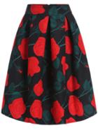 Romwe Rose Print Flare Skirt