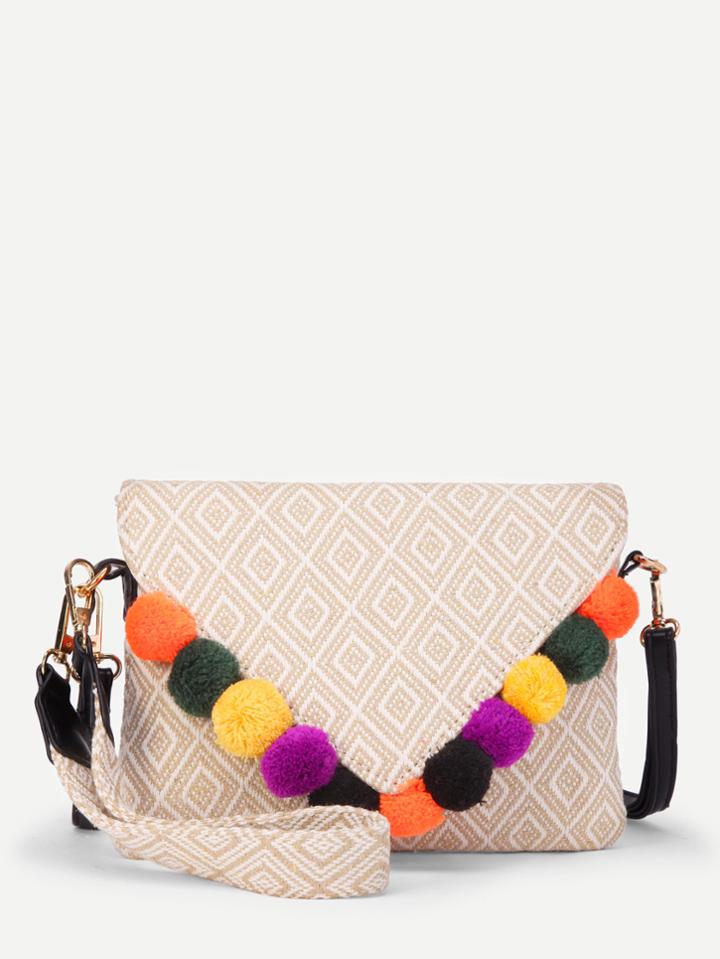 Romwe Geometric Print Flap Bag With Pom Pom
