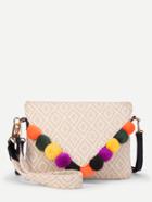 Romwe Geometric Print Flap Bag With Pom Pom