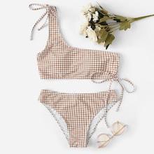 Romwe Gingham One Shoulder Self Tie Bikini Set