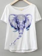 Romwe Dip Hem Elephant Print White T-shirt