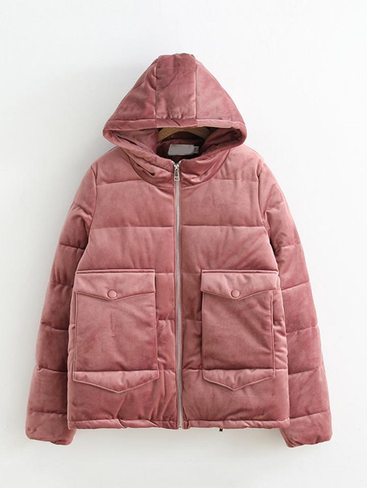 Romwe Hooded Velvet Padded Coat