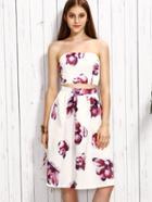 Romwe White Cutout Floral Print Strapless Flare Dress