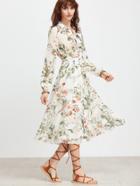 Romwe White Floral Shirt Dress With Self Tie