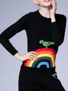 Romwe Black Color Block Bird Embroidered Knit Sweatshirt