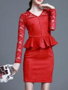 Romwe Red V Neck Contrast Lace Peplum Sheath Dress
