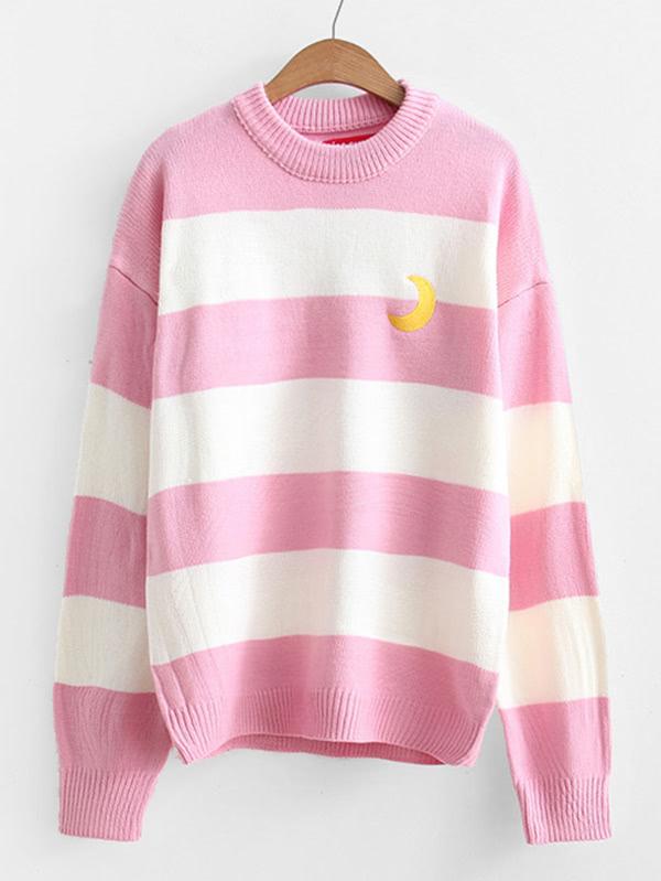 Romwe Crescent Embroidery Block Striped Jumper