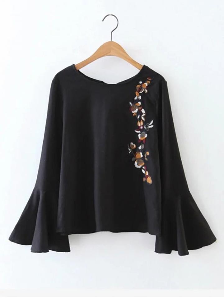 Romwe Bell Sleeve Embroidered Knot Back Blouse