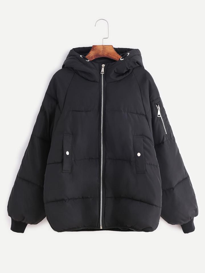 Romwe Black Raglan Sleeve Zipper Hooded Padded Coat
