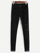 Romwe Black Ripped Roll Hem Skinny Jeans