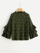 Romwe Pearl Beading Tiered Ruffle Sleeve Jumper