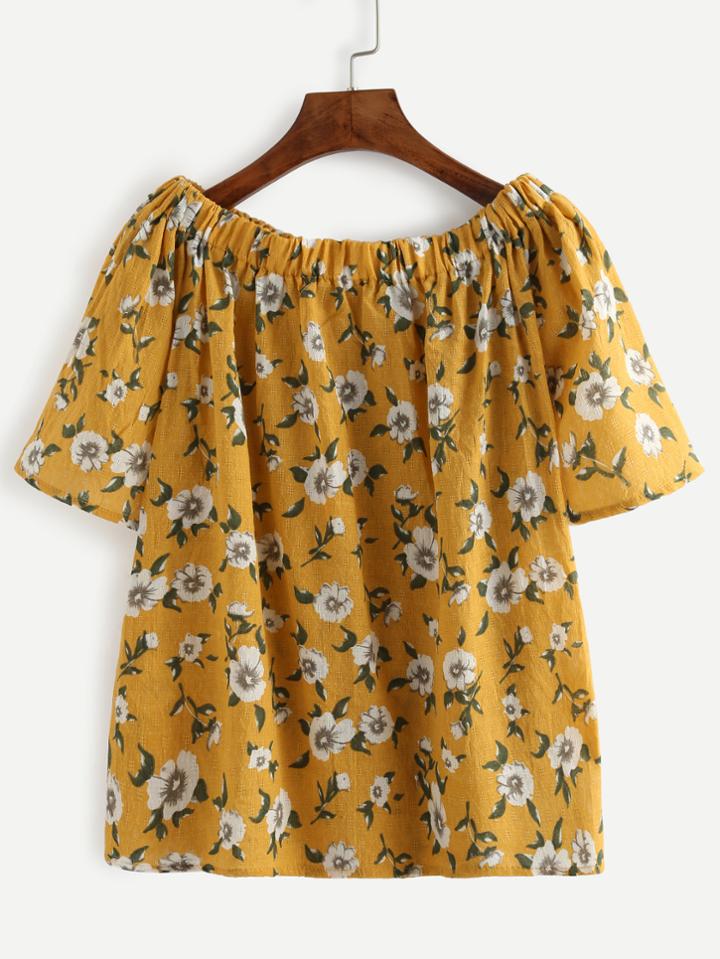 Romwe Yellow Flower Print Off The Shoulder Blouse