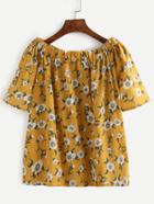 Romwe Yellow Flower Print Off The Shoulder Blouse