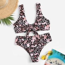 Romwe Leopard Knot Front Top With High Waist Bikini