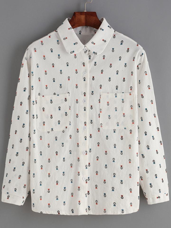 Romwe Lapel Cartoon Print Blouse With Pockets