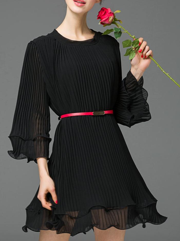 Romwe Black Crew Neck Ruffle Pleated Dress
