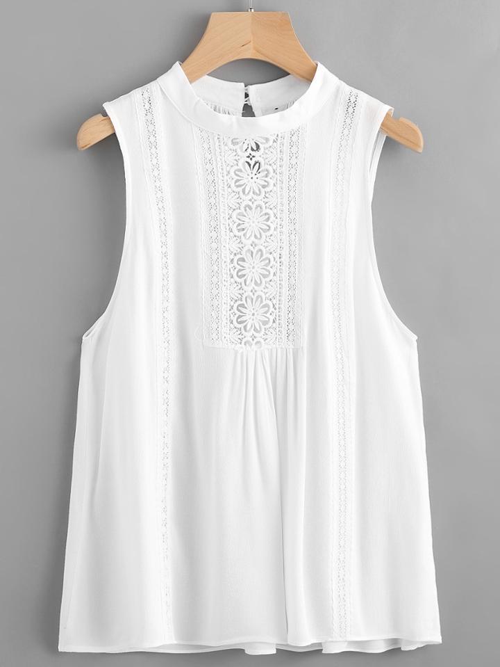 Romwe Contrast Crochet Lace Keyhole Back Tank Top