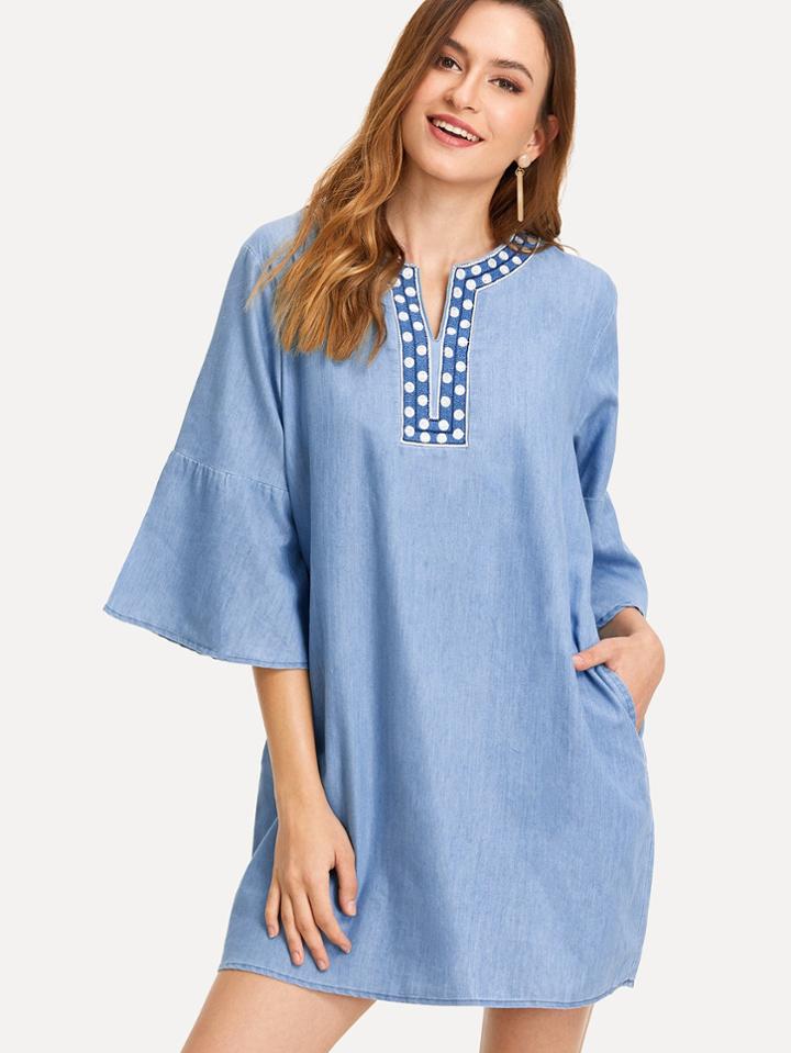 Romwe Dot Print Contrast Bell Sleeve Denim Dress