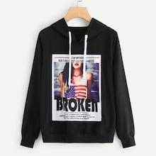 Romwe Figure & Letter Print Hoodie
