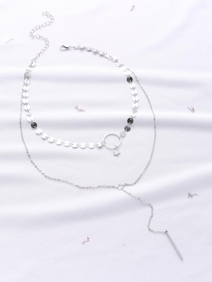Romwe Silver Double Layered Bar Pendant Necklace