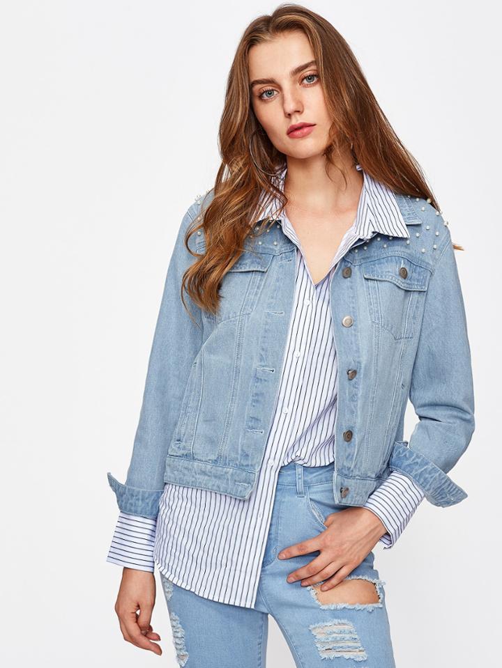 Romwe Pearl Beading Light Wash Denim Jacket