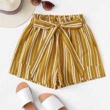 Romwe Plus Floral Striped Frill Knot Shorts