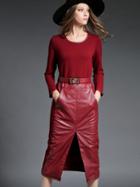 Romwe Win Red Long Sleeve Contrast Pu Drawstring Pockets Dress
