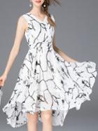 Romwe White V Neck Print A-line Dress