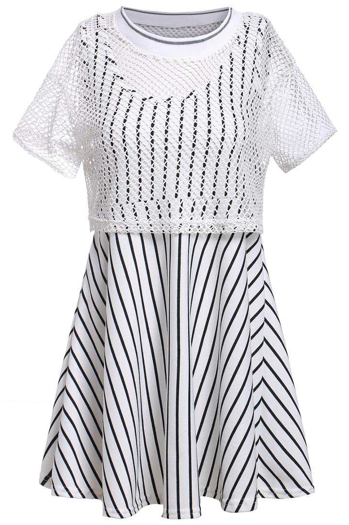 Romwe Striped Pleated Two Pieces White Dress