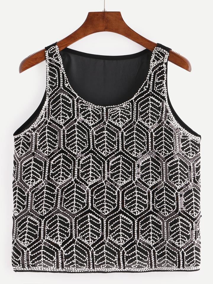 Romwe Beaded Sequin Chiffon Tank Top - Black