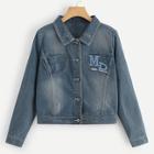 Romwe Letter Embroidered Faded Denim Jacket