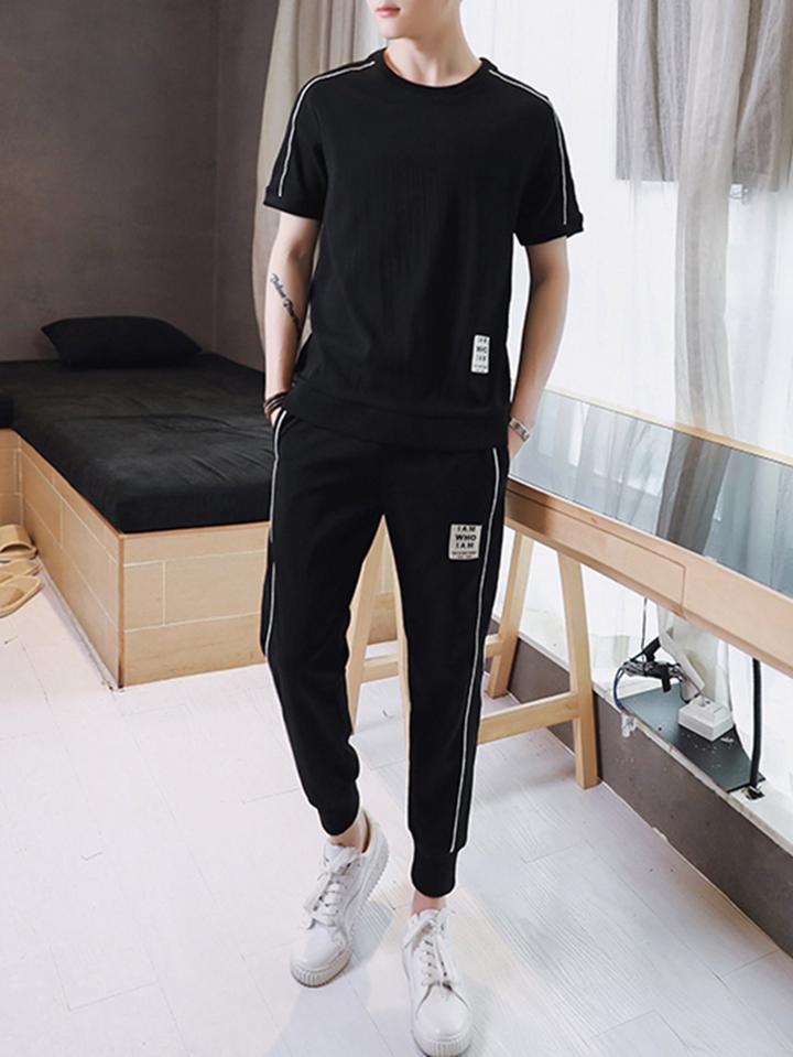Romwe Men Stripe Side Letter Print Tee With Sweatpants