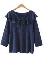 Romwe Dark Blue Long Sleeve Ruffle Bow Tie Neck Blouse