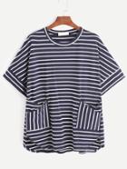 Romwe Navy Striped Curved Hem T-shirt With Pockets