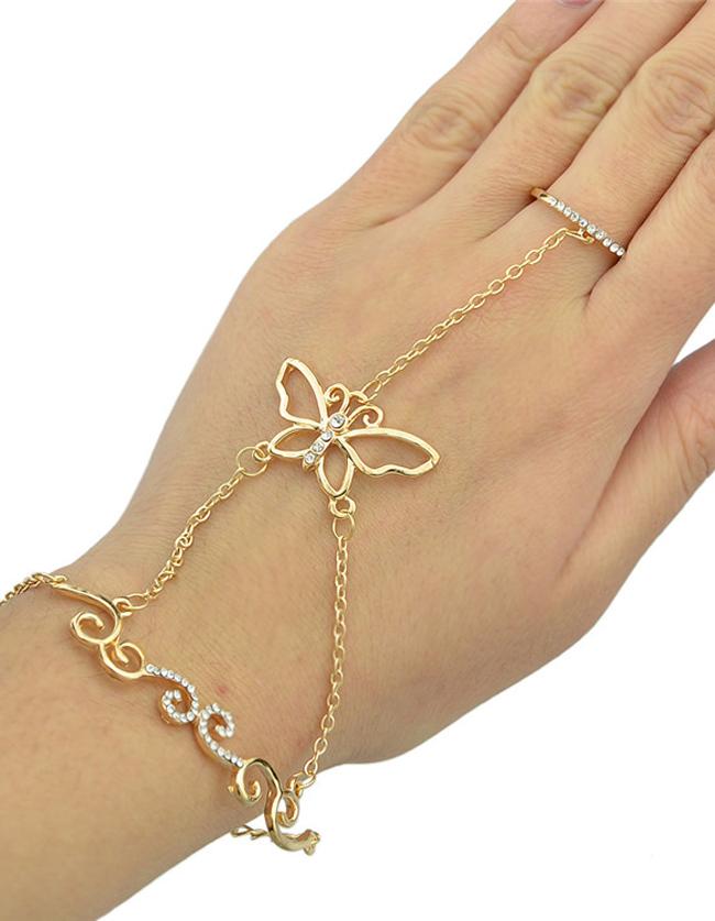 Romwe Gold Rhinestone Bracelet With Rings