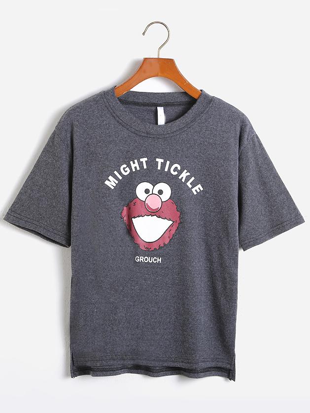Romwe Dip Hem Cartoon Print Grey T-shirt
