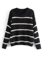 Romwe Faux Fur Detail Striped Chenille Sweater