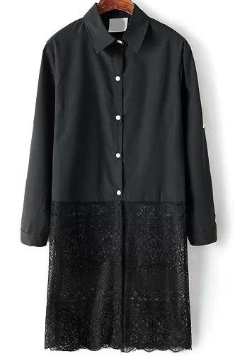 Romwe Lapel Contrast Lace Hem Buttons Black Blouse