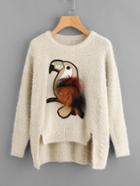 Romwe Faux Fur Bird Patch Staggered Fluffy Jumper