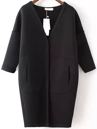 Romwe V Neck Pockets Black Coat