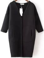Romwe V Neck Pockets Black Coat
